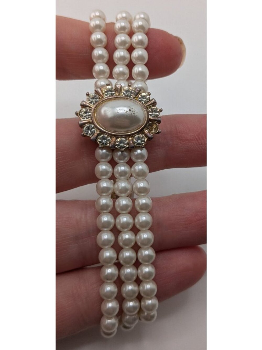 Vintage Faux Pearl Necklace Bracelet Set Rhinestone Victorian Elegance Jewelry - Picture 13 of 14